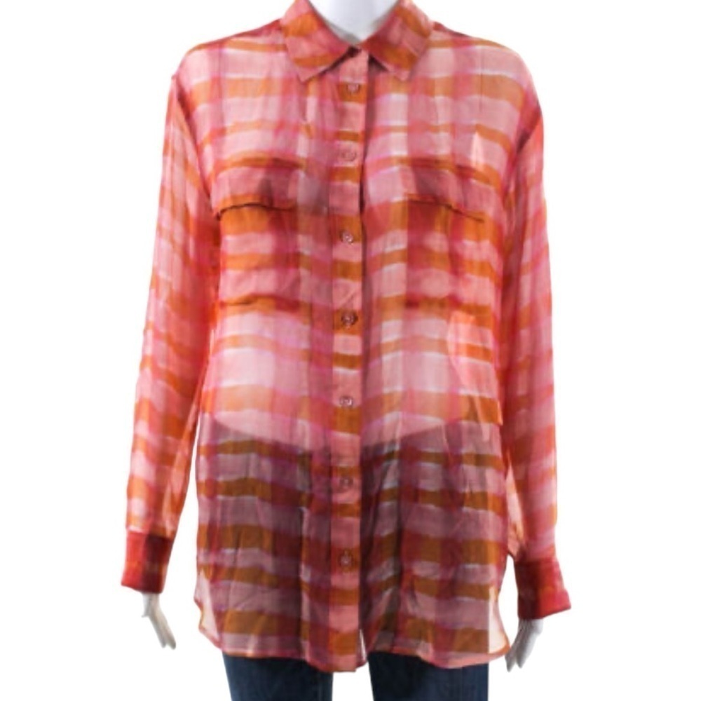 Equipment Femme Signature 100% Silk Blouse Top Pink/Coral Watercolor Plaid Sz L